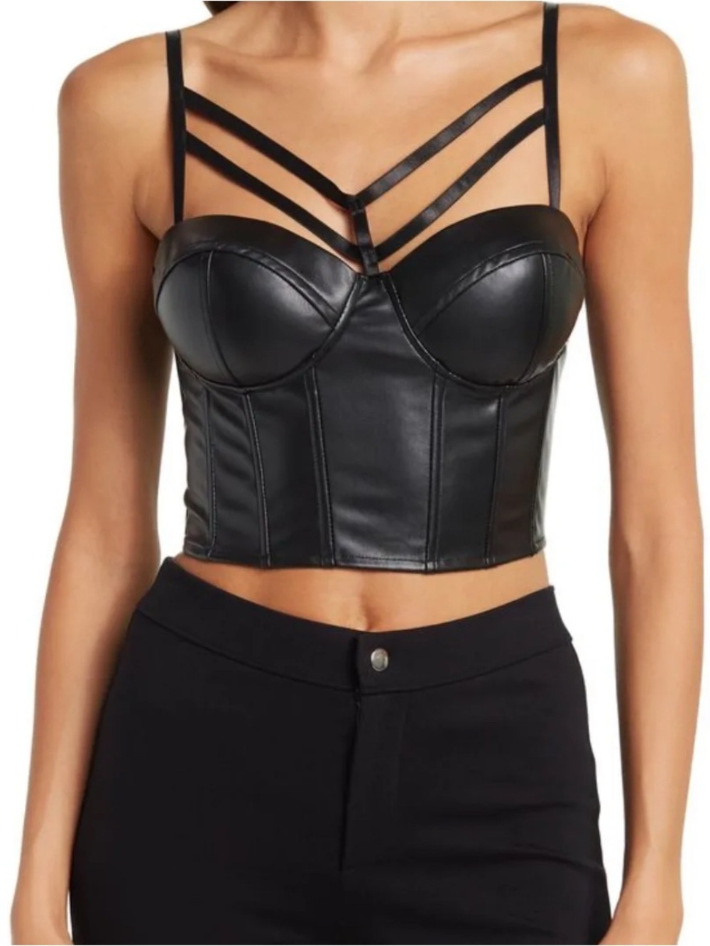 JUST ONE
black faux-leather (PU) strappy corset bustier crop top